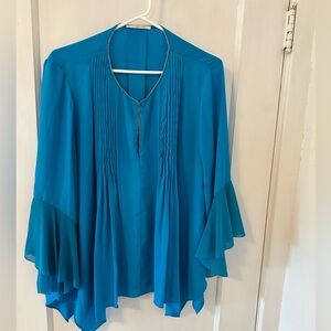 TAHARI Turquoise Blue Flared Womens Blouse L